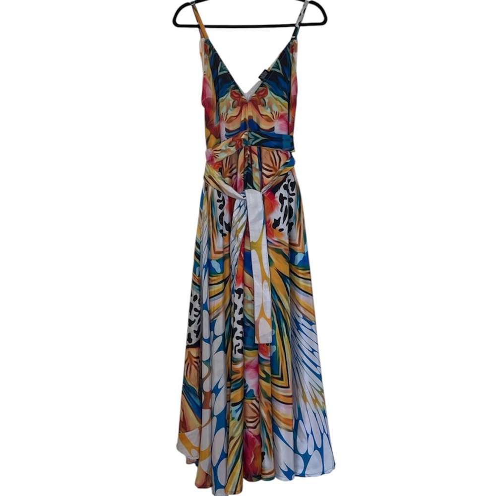 Advance Silk/Polyester Colorful Abstract Print V-neck Maxi Dress OS